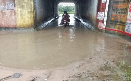 रेलवे अंडरब्रिज में तीन फीट पानी, जान जोखिम में डालकर रेलवे ट्रैक पार कर रहे ग्रामीण